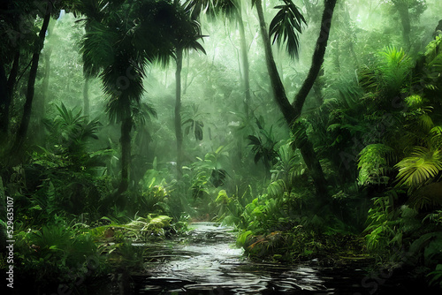 Tropical jungle with river.