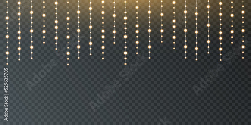 Christmas lights isolated on transparent background. Set of golden Christmas glowing garlands with sparks. For congratulations, invitations and advertising design. 	