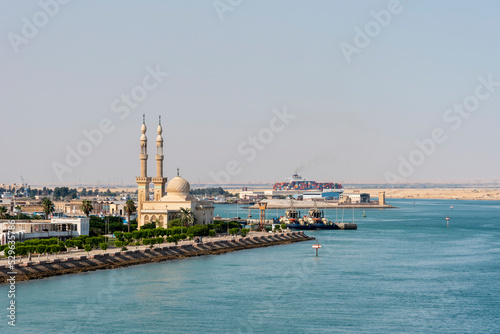 Cityscape with Egyptian Mosque in the city of Tawfiq (Suburb of Suez), on the southern end of the Suez Canal before exiting into the Red Sea. 