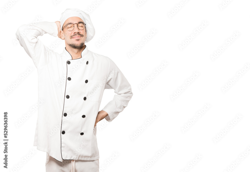 Quiet chef making a relaxation gesture
