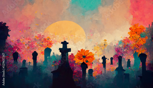 Colorful Dia de los muertos mexican holiday Day of Dead, Digital style, 3d rendering
