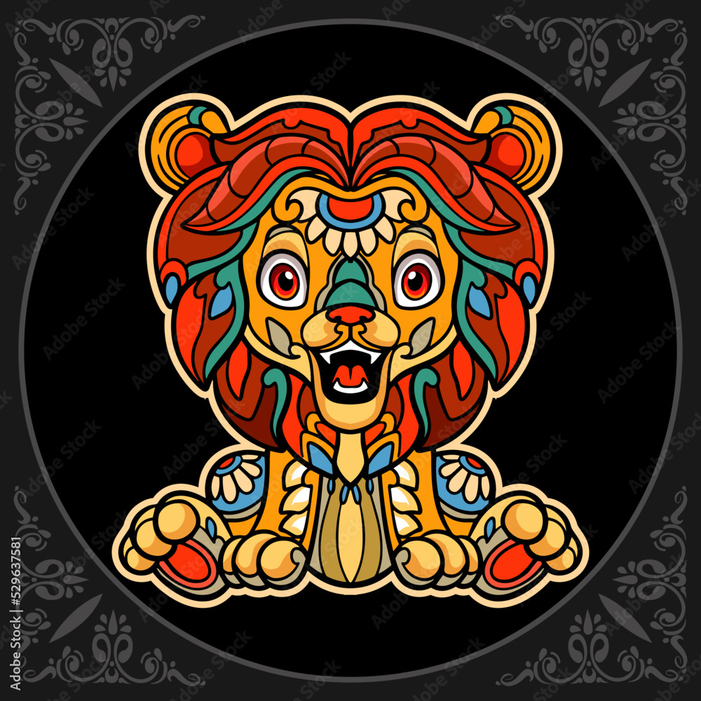 Colorful lion zentangle arts isolated on black background