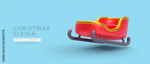 3d realistic colorful Christmas sleigh with shadow isolated on blue background. Vector illustration