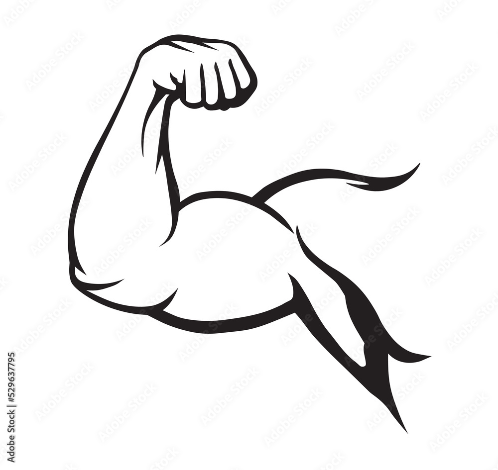Muscular arm of strong man. Bodybuilder muscle flex arm vector. Stock