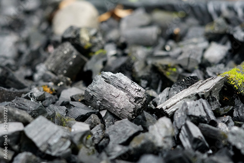 selective focus of pile of dried wood charcoal 