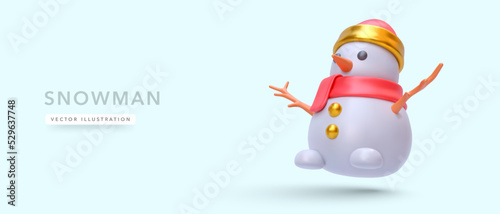 Flying snowman in Santa Claus hat in 3d realistic style isolated on light background. Vector illustration