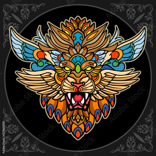Colorful lion zentangle arts isolated on black background