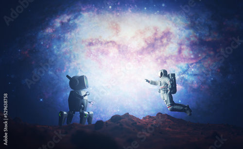 Astronaut and robot or artificial intelligence meet on alien planet.