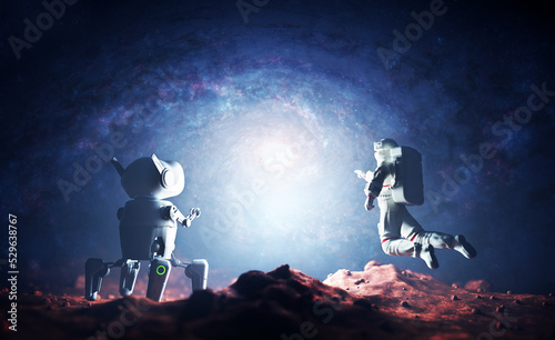 Astronaut and AI robot explore alien planet. #529638767