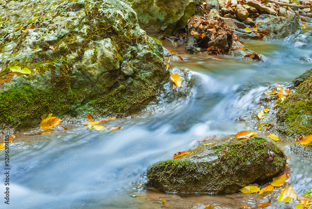 closeup small brook rushing through the mountain canyon, autumn mountain river scene closeup small brook rushing through the mountain canyon, autumn mountain river scene