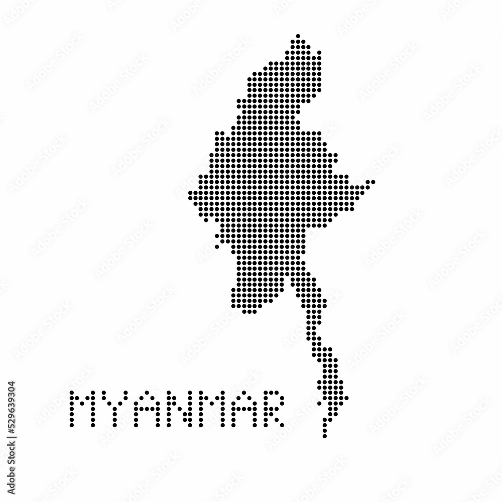 Obraz premium Myanmar map with grunge texture in dot style. Abstract vector illustration of a country map with halftone effect for infographic.&nbsp;