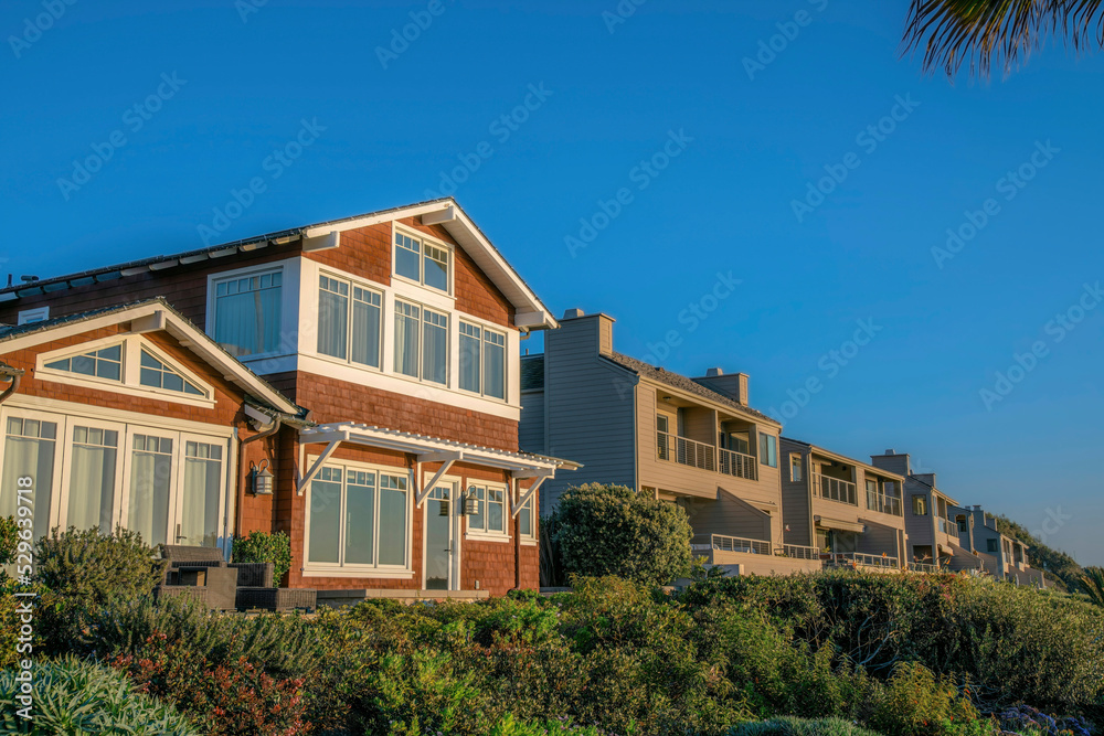 Beach side houses against clear blue sky at Del Mar Southern California.