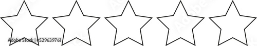 Five black stars in a row, 0-5 rating, review system. Isolated png illustration, transparent background. Asset for overlay, pattern, montage, collage. Business, customer feedback concept.