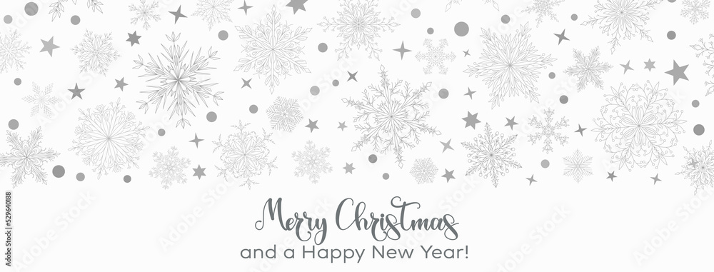 Illustration with complex big and small Christmas snowflakes in gray colors with inscription Merry Christmas. Winter background with falling snow Illustration with complex big and small Christmas snowflakes in gray colors with inscription Merry Christmas. Winter background with falling snow