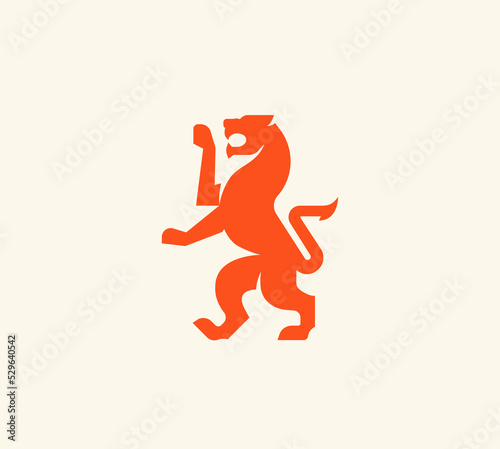 Medieval red lion logo. Red silhouette of a Beast with tail. Vector illustration. Cat.