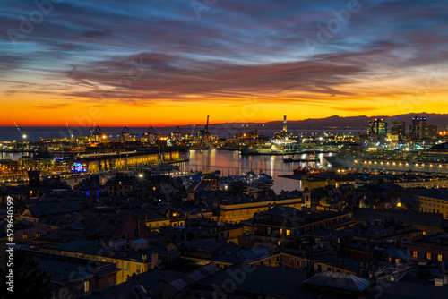 GENOA  ITALY  JANUARY 28  2022 - View of the port of Genoa at sunset  Italy.