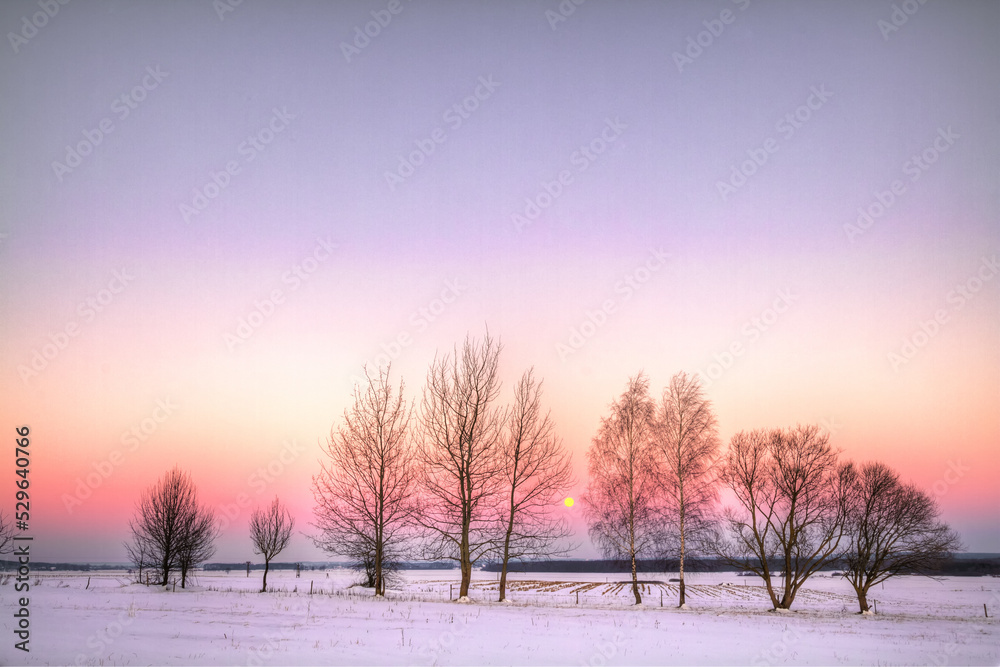 Winter landscape, amazing sundown in winter , Poland Europe