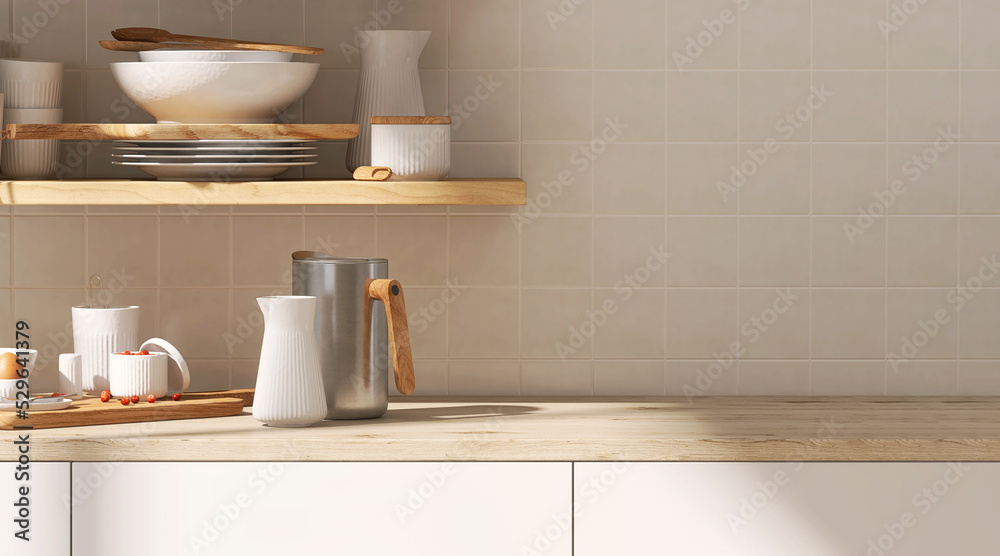 Realistic 3D render close up blank empty space countertop in