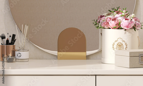 Photo Realistic 3D render for beauty products display backdrop, blank empty space on ivory beige elegance dressing table with round mirror, beautiful pink roses in luxury bucket bouquet, Kbeauty, Make up