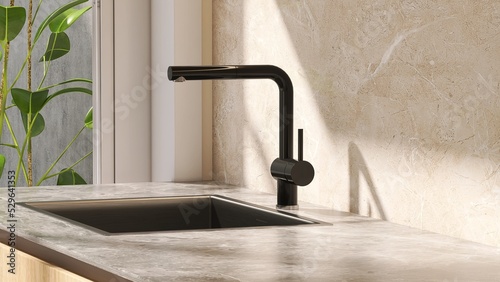 3D render close up perspective blank empty space on granite kitchen counter top with modern black washing sink and faucet by the window with morning sunlight, beige marble wall tile, Green houseplants