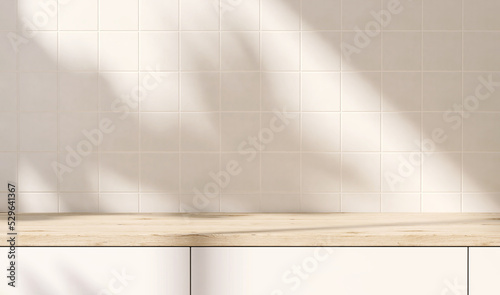 3D render close up blank empty space on beautiful oak wood wooden kitchen counter top with morning sunlight and foliages leaves shadow on white ceramic wall tiles in background. Kitchen, Backdrop.