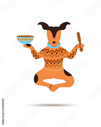 Cute dog yogi practicing yoga and meditation holding singing bowl flying in air on white background.