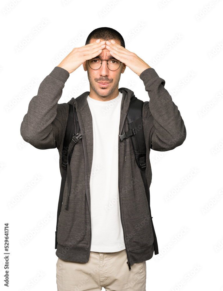 Concerned student with a stress gesture Concerned student with a stress gesture