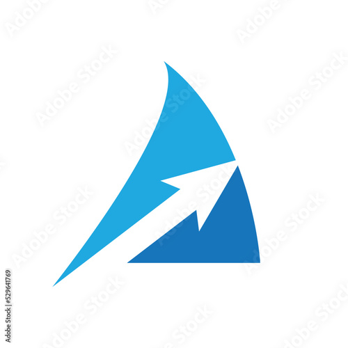 A simple abstract icon of sail with arrow across it creating a two-tone colors