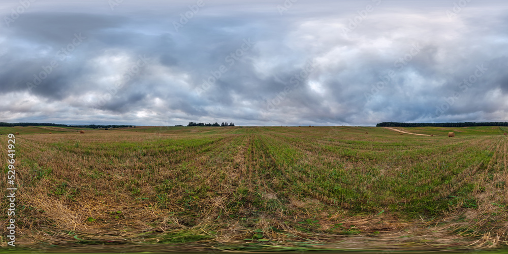 Fototapeta premium full seamless 360 hdri panorama view among farming fields with clouds in overcast sky in equirectangular spherical projection, ready for VR AR virtual reality content