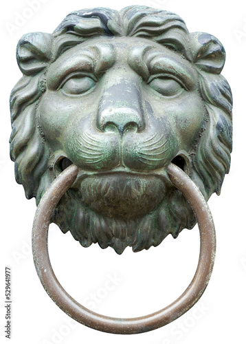 Bronze door knocker in the shape of a lions head photo