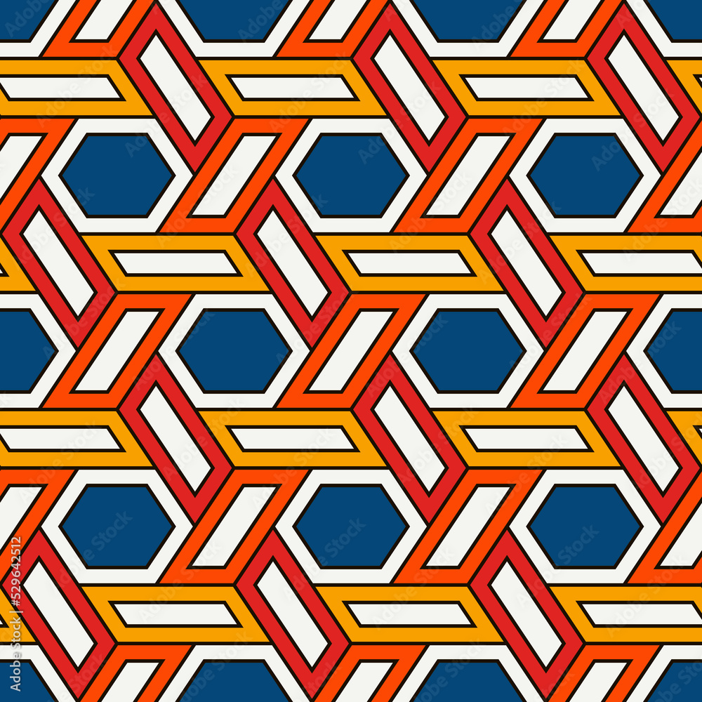 Hexagonal seamless pattern. Mosaic tiles. Geometrical wallpaper. Honeycomb print. Ethnic illustration. Wicker background. Flooring image. Vector ornament. Digital paper. Geometric abstract.