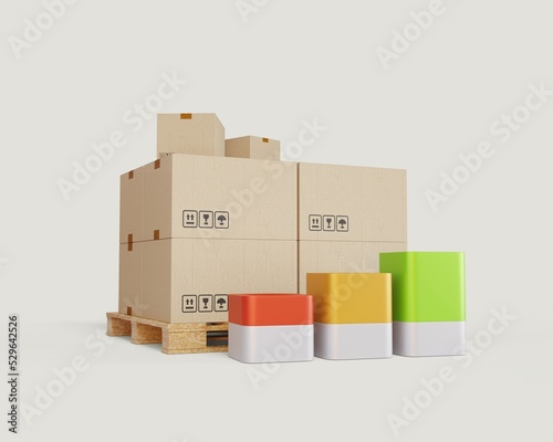 Freight traffic statistics for the annual report. Visual infographic with chart and cargo on wooden pallet. 3d rendering.