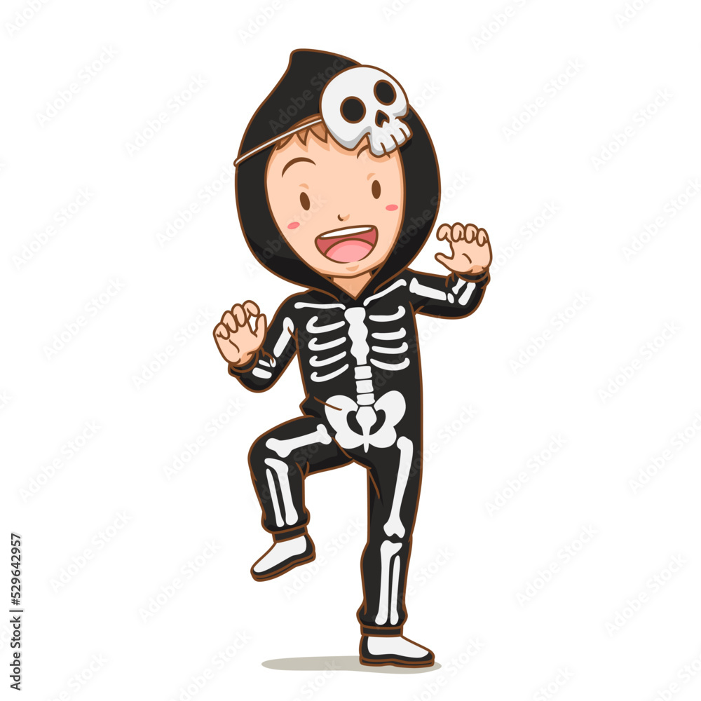 Cartoon boy wearing skeleton costume.
