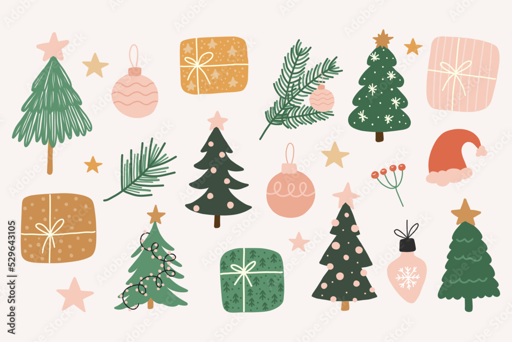 set of hand draw christmas tree elements