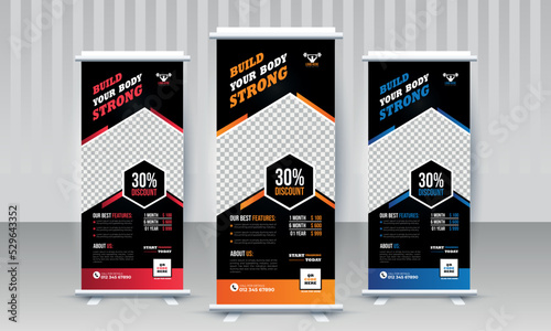 Build your body strong Fitness gym business standee roll up banner design with three color variants red orange blue vector template