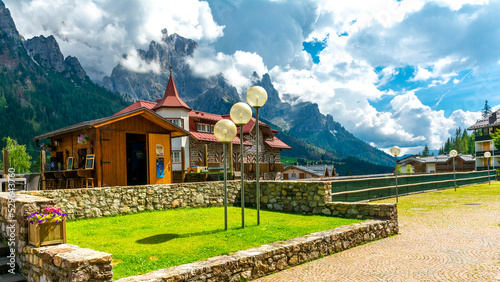 San Martino di Castrozza, Northeast Trentino / Italy - August 30 2022: A renowned ski resort in the Northeast of the Trentino region, at the foot of the majestic Pale di San Martino mountain range.