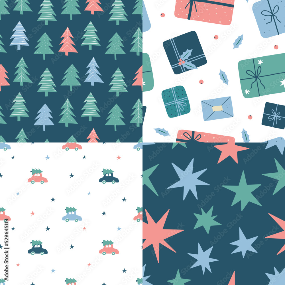 Fototapeta premium Colorful Christmas seamless pattern set with cute trees, stars, cars, gifts etc. Background with presents for Christmas symbols. Flat style. Vector illustration