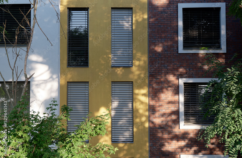 Housing, architecture in the city: house facade , windows with blinds