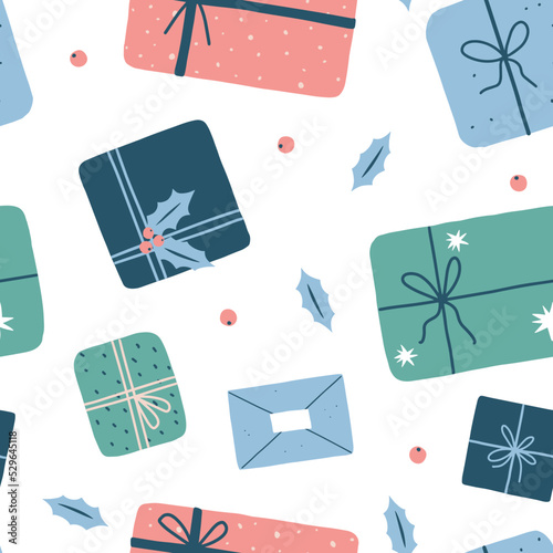 Colorful seamless pattern with cute gift boxes. Background with presents for Christmas, Birthday, Sale etc. Flat style. Vector illustration