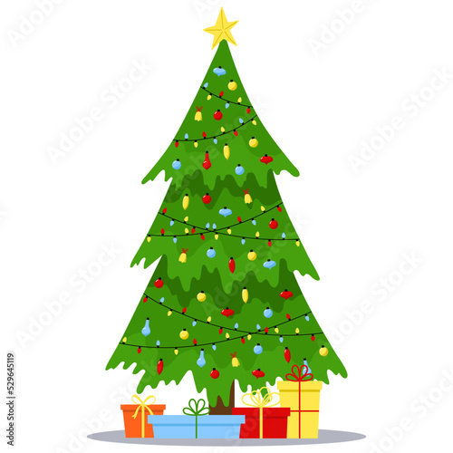 Christmas Tree with Decorations and Gift Boxes. Merry Christmas and Happy New Year. 