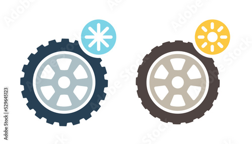 Car wheels with winter and summer tires flat icons. Tires illustration