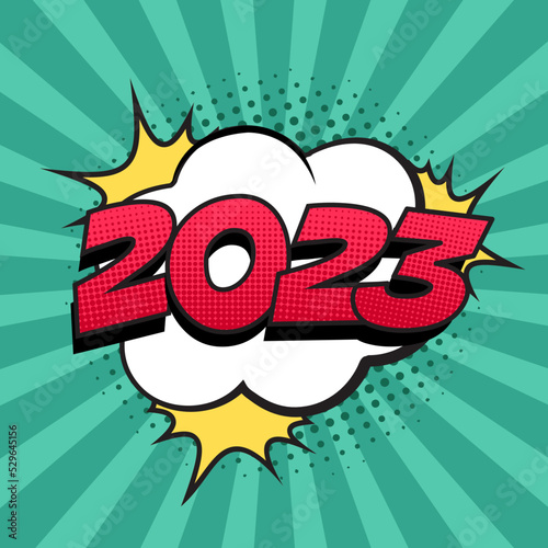 Retro comic speech bubble with colorful halftone shadow on striped pattern. Number 2023 text for New Year. Vector illustration, vintage design, pop art style.