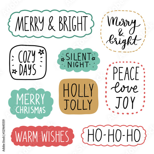 Christmas stickers set. Cute holiday badges, lettering, doodle quotes, stickers. vector. Winter festive quotes. Ho-ho-ho, Warm wishes, Holly jolly etc. Vector illustration