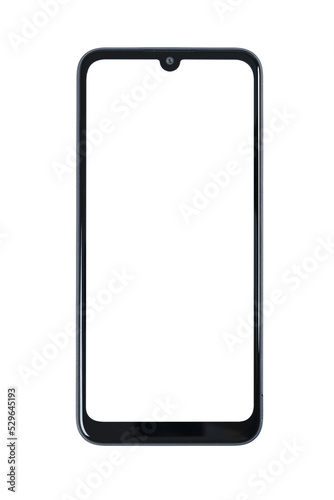 Front view of a new modern generic frameless smartphone with blank white screen isolated on a transparent background.