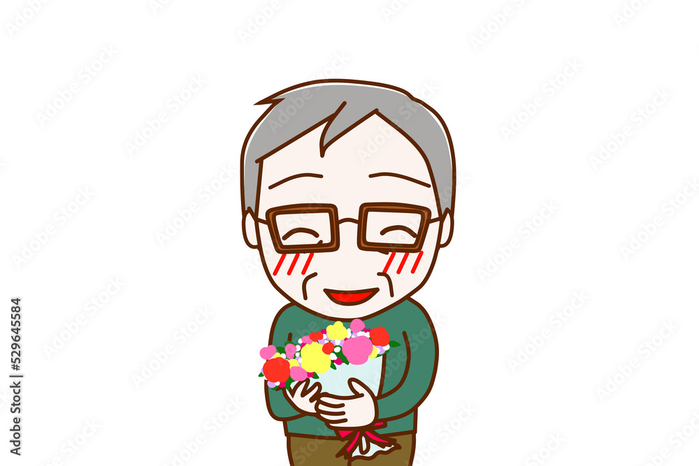 （上半身正面）花束を持ってニコニコ幸せそうな笑顔を見せる高齢の男性