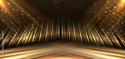 Elegant golden scene diagonal glowing with lighting effect sparkle on black background. Template premium award design.