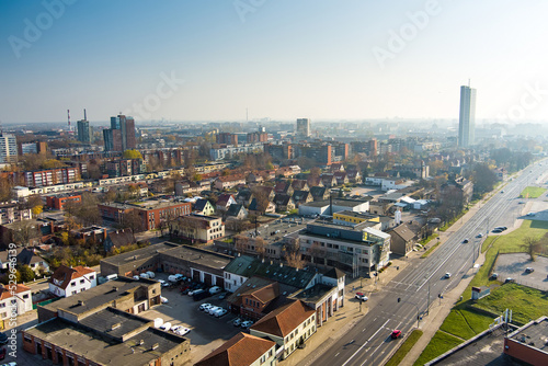 Scenic aerial view of the Old town of Klaipeda  Lithuania in golden evening light. Klaipeda city port area and it s surroundings on autumn day.