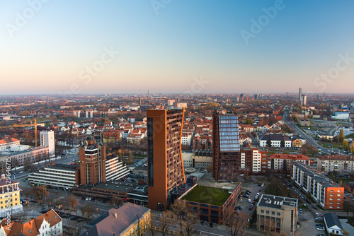 Scenic aerial view of the Old town of Klaipeda  Lithuania in golden evening light. Klaipeda city port area and it s surroundings on autumn day.