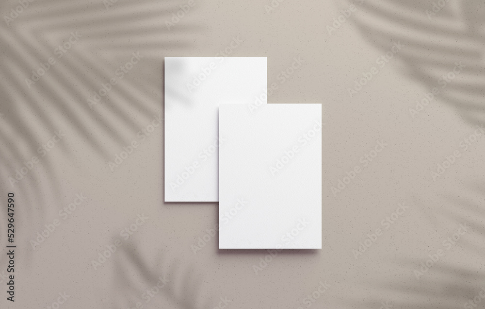 Two vertical postcard mockup blank paper template with overlay palm shadow on a neutral background. White empty card for design in 3D rendering Two vertical postcard mockup blank paper template with overlay palm shadow on a neutral background. White empty card for design in 3D rendering