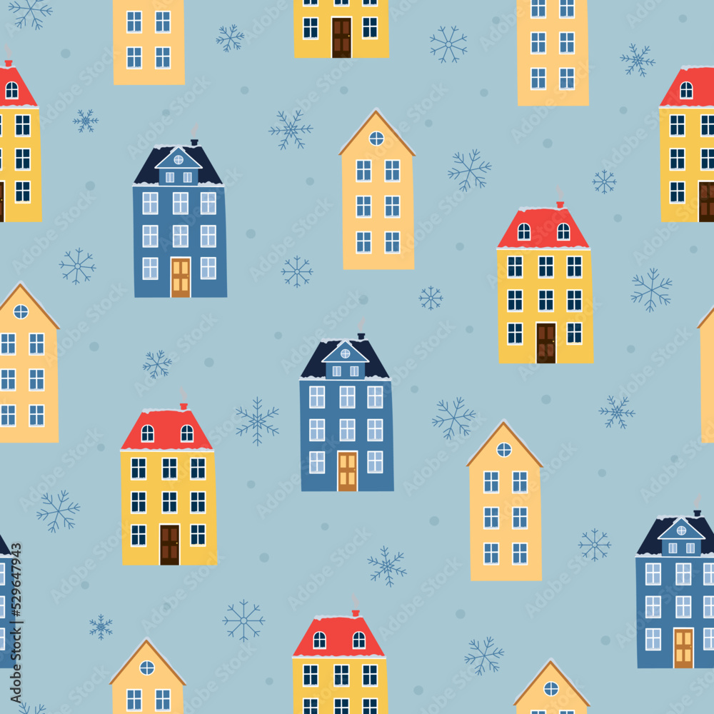 Seamless pattern with winter houses and snowflakes on blue background. Template for winter Christmas design Seamless pattern with winter houses and snowflakes on blue background. Template for winter Christmas design